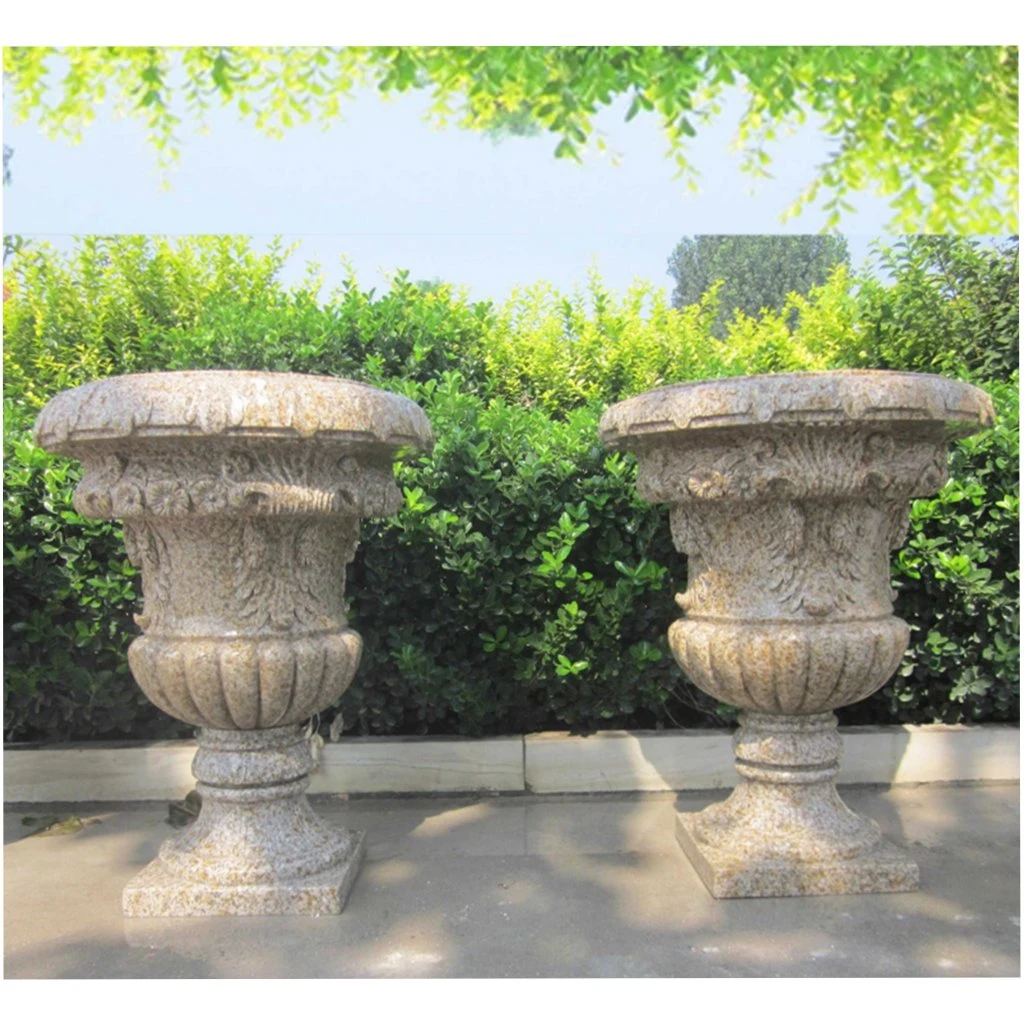 Natural Stone Flower Pot Round Granite Planter with Relief for Outdoor