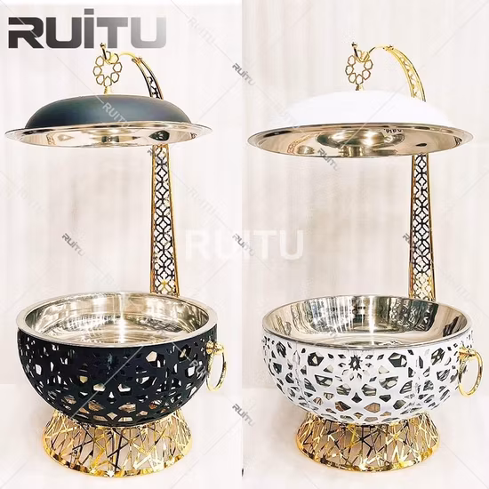 Große Kapazität, runde goldene Blume, dekorativer Diamant-Kristall, zum Aufhängen, Alkohol-Chafing-Dish-Buffet-Set mit Haken, Glasabdeckung, goldener Buffet-Herd zum Warmhalten von Speisen